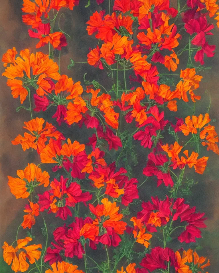 Image similar to fine painting of tropaeolum majus and multicolor smoke and dark flames.