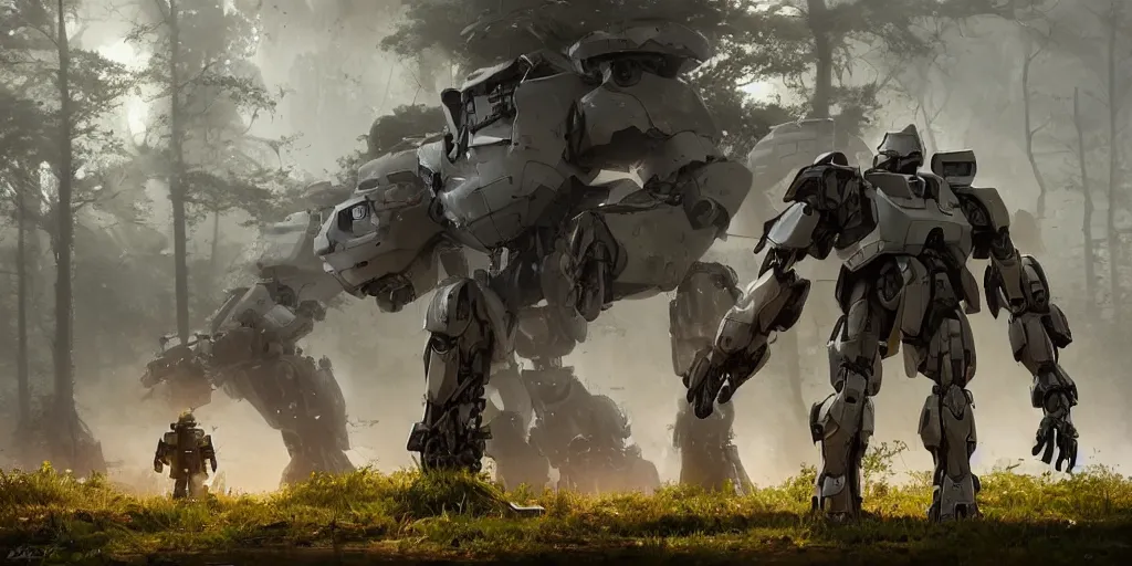 Prompt: concept art of heavy mecha trooper, trees, puddles of water, bushes and leafs, by filip hoda, beeple, greg rutkowski, octane render, cryengine, details, hyper realistic