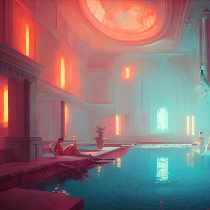 Prompt: subsurface scattering, beautiful interior of a pool inside a stunning mansion with statues, vibrant colors, ross draws, atey ghailan, delphin enjolras, goro fujita, makoto shinkai, rim light, exquisite lighting, octane render, very coherent, trending on artstation