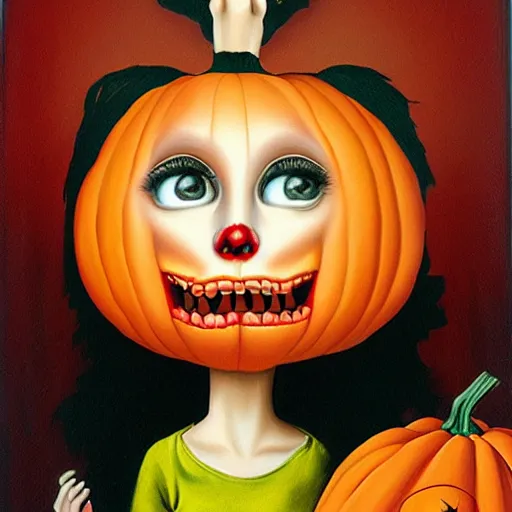 Image similar to Girl eats a giant pumpkin, painting by Mark Ryden