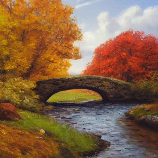 Prompt: Stone bridge over brook, pastoral scene. Autumn, changing leaves. Oil on canvas, award winning
