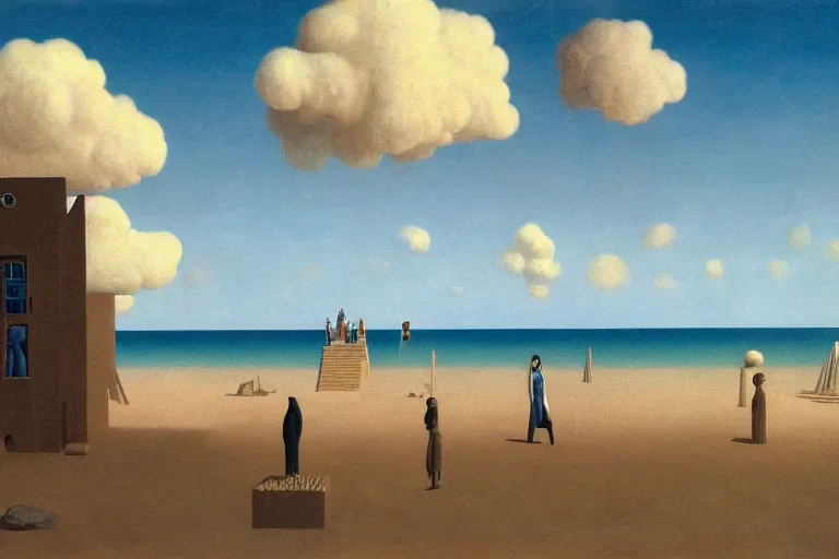 Image similar to impossibile sand structure with a small crowd outside on a tropical island, fluffy clouds, blue sky by magritte and de chirico, oil painting, hyper detailed, masterpiece 4 k