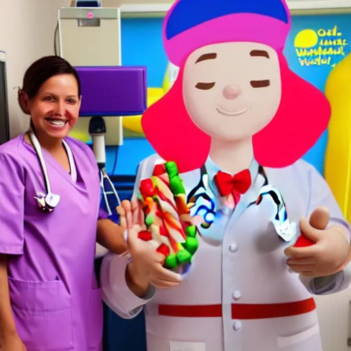 Image similar to photo of a happy patient and doctor or nurse in a hospital room made out of soft candy, candy hospital equipment, candy hospital room, candy treatments, oompa loompa virus, willy wonka pandemic