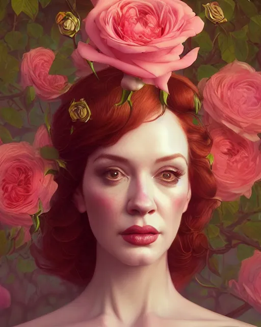 Prompt: portrait of christina hendricks with roses, baroque, roses, intricate abstract upper body intricate artwork, by tooth wu, wlop, beeple, dan mumford. concept art, octane render, deviantart, greg rutkowski, cinematic arthouse, key art, hyper realism, iridescent accents