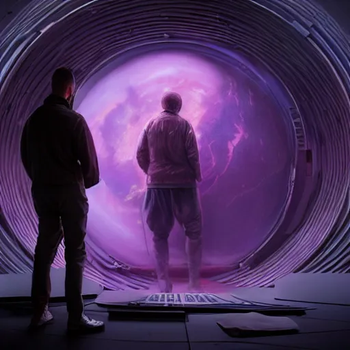 Image similar to hyperrealistic image of 2 people matt stone standing next to trey parker inside the death star, stunning 3 d render, inspired by istvan sandorfi & greg rutkowski, perfect facial symmetry, dim volumetric cinematic lighting, 8 k octane comprehensive render, extremely hyper - detailed, incredibly lifelike attributes, intricate, real flesh texture, masterpiece, artstation, stunning,