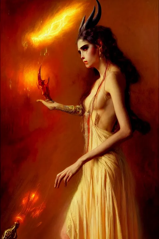 Prompt: a full body portrait of a demon girl wearing gown, high detail, cleary see face, by gaston bussiere, bayard wu, greg rutkowski, odd nerdrum, maxim verehin, dan dos santos, masterpiece, sharp focus, cinematic lightning