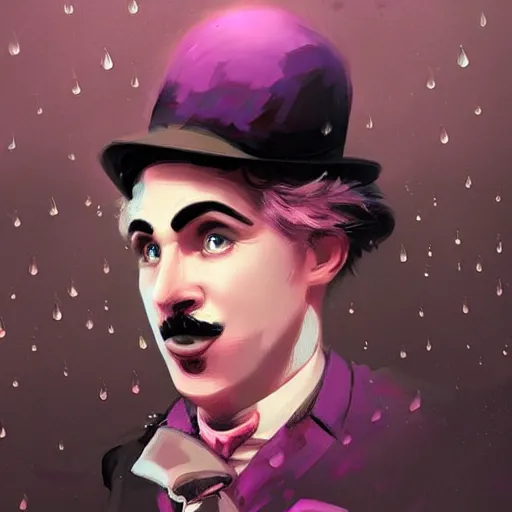 Image similar to a portrait of charlie chaplin, rainy background, pink bright art masterpiece artstation. 8 k, sharp high quality artwork in style of jose daniel cabrera pena and greg rutkowski, concept art by tooth wu, hearthstone card game artwork.