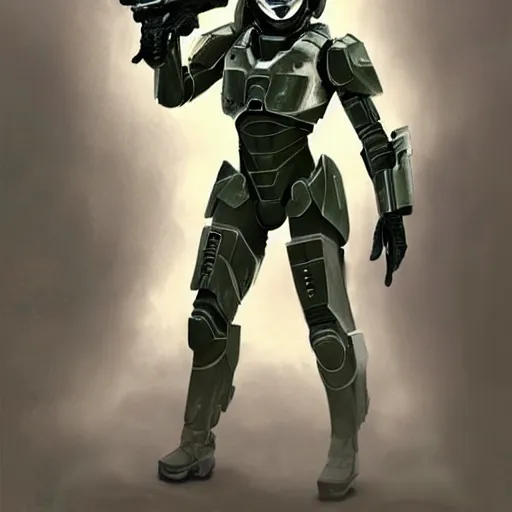 Image similar to A combination of Emma Watson's and Grace Kelly's and Ashley Greene's appearances with blonde hair wearing Master Chief's armor, high tech, action shot, angular, full body portrait, futuristic, dramatic, fantasy, intricate, elegant, highly detailed, digital painting, artstation, concept art, matte, sharp focus, illustration, art by Donato Giancola and James Gurney