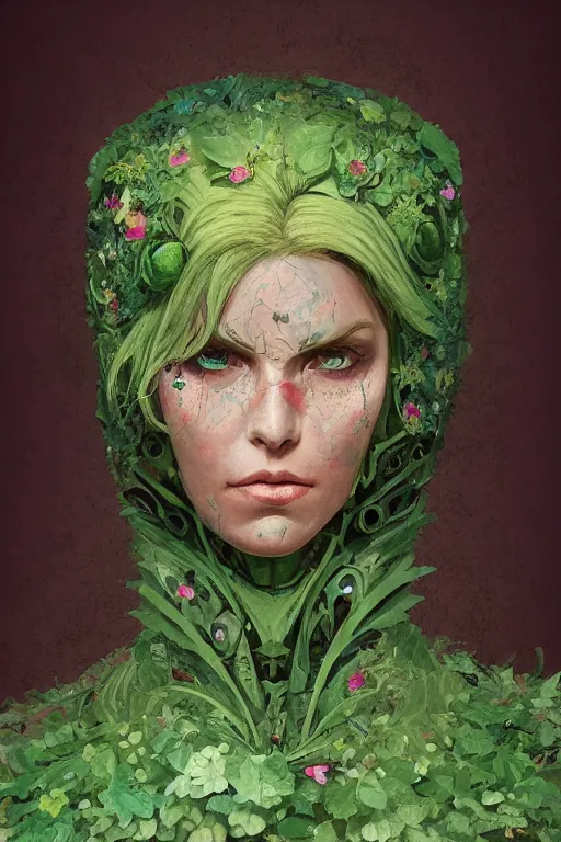 Image similar to portrait of beautiful young mainem, warhammer, russian style, cyber armor, a lot of more scars, more and more flowers, green head, the middle ages, highly detailed, artstation, illustration, art by rene magritte, 8 k quality