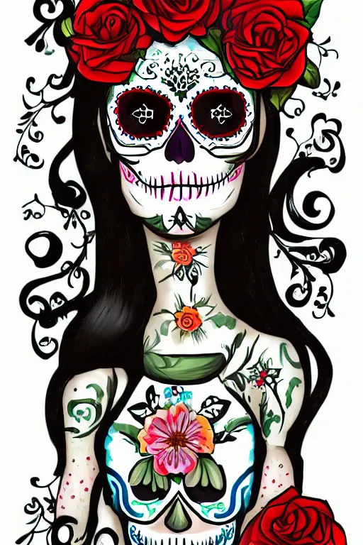 Prompt: illustration of a sugar skull day of the dead girl, art by justin bartlett