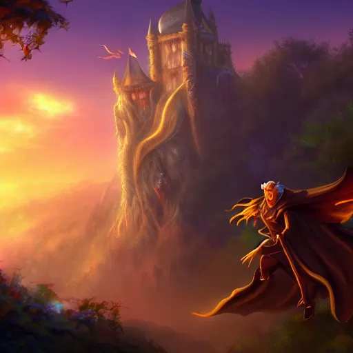 Image similar to wizard, fantasy, golden hour, don bluth splash art, highly detailed, trending on artstation, 4 k, wallpaper - 1 0 2 4