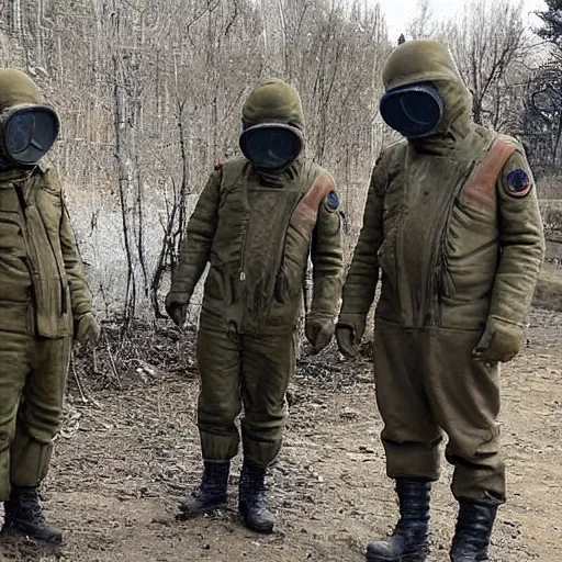 Image similar to russian soldiers in gas masks found the last surviving ukrainian after a nuclear war