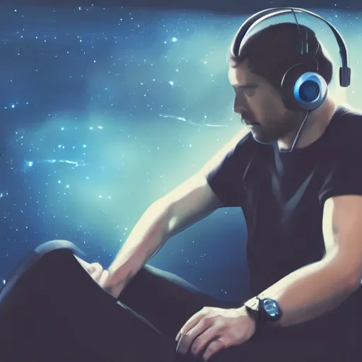 Image similar to long shot of male wearing headphones sitting in space, calm, soothing, relaxed, cosy, quiet, elegant, digital painting, realism, cyberpunk art, acrylic on canvas,