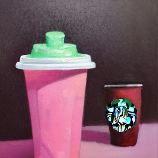 Prompt: starbucks pink drink, andy samburg, disney world, oil painting, highly detailed