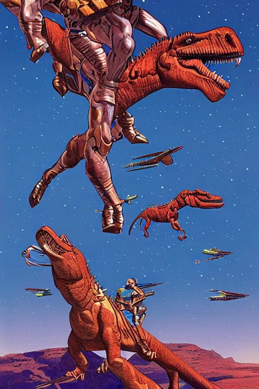 Image similar to beautiful amazons riding dinosaurs on mars against a backdrop of canyons, mercury rainbows in the sky and space fighters shooting, artwork by jean giraud