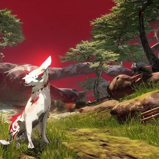 Image similar to « next level graphics ingame okami 2 on playstation 5, nextgen remake, ultra realistic »