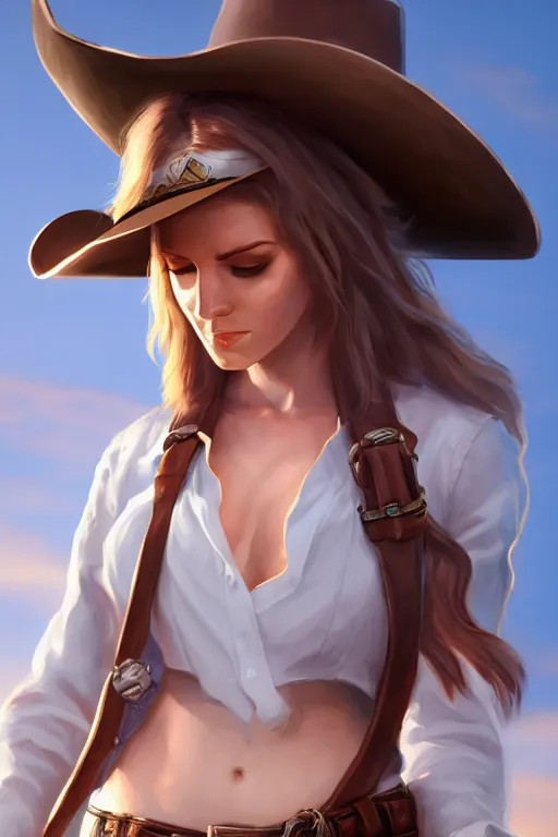 Image similar to full body, female cowgirl, perfect face, white blouse, holster, 8 k, magic the gathering, desert, d & d, artstation, high detail, smooth, sweaty