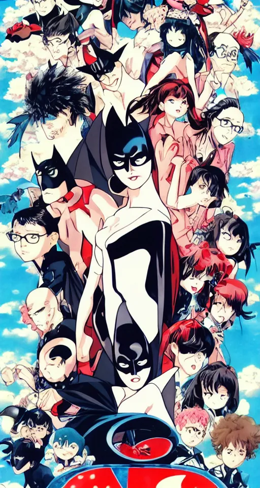 Image similar to Batman and incredibly powerful Anime Girl, created by Hideaki Anno + Katsuhiro Otomo +Rumiko Takahashi, Movie poster style, box office hit, a masterpiece