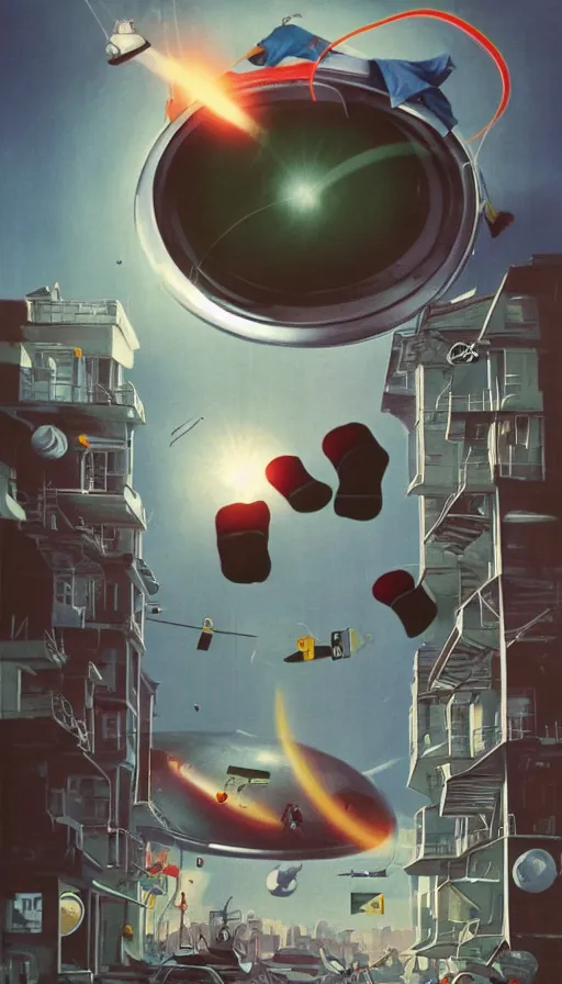 Image similar to giant washing machine attacking city, flying socks, 1 9 6 0 s science fiction poster, atompunk, behance, trending on artstation