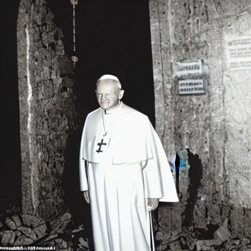 Image similar to award - winning photograph of john paul ii standing in the entrance to a small burning church building, at night, pitch black, christian cross