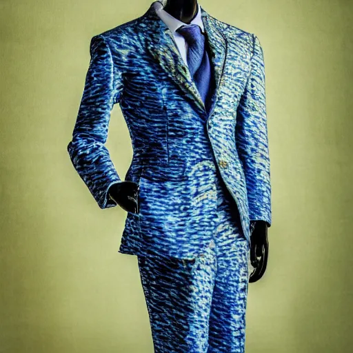 Image similar to a beautiful suit made out of a van gogh painting, on a mannequin. studio lighting, high quality, high resolution