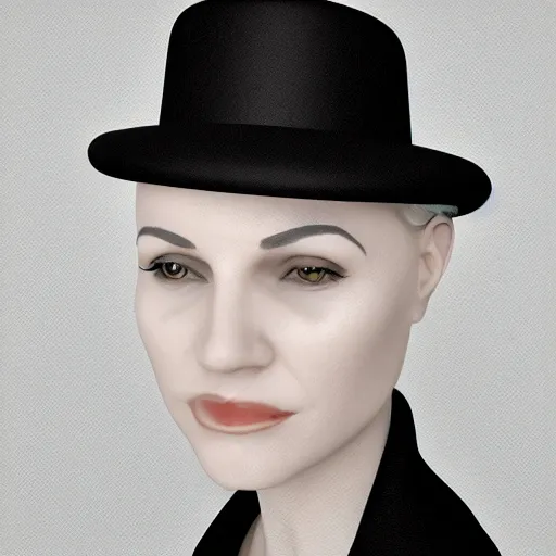 Image similar to portrait of a woman wearing a bowler hat, digital art, ambient occlusion, fresnel effect, subsurface scattering.