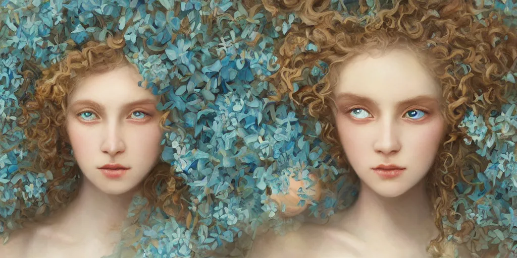 Prompt: breathtaking detailed concept art painting portrait of the hugs goddess of light blue flowers, blond curly hair, orthodox saint, with anxious piercing eyes, ornate background, amalgamation of leaves and flowers, by hsiao - ron cheng, extremely moody lighting, 8 k