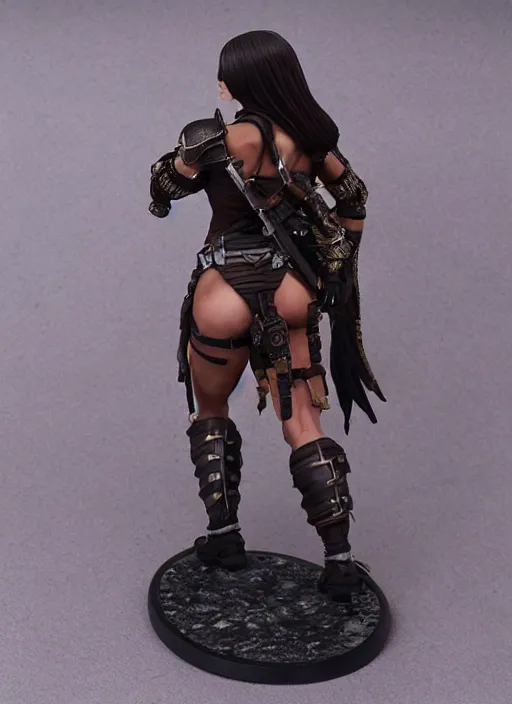 Prompt: 80mm resin detailed miniature of a beautiful muscular black female, clothed in worrier armor, brown skin, short dark hair, beautiful bone structure, symmetrical facial features, Product Introduction Photos, 4K, Full body, view from behind