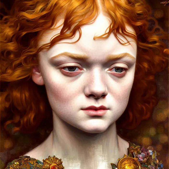 Image similar to ancient queen sadie sink, symetrical, diffuse lighting, fantasy, intricate, elegant, highly detailed, lifelike, photorealistic, digital painting, artstation, illustration, concept art, 4 k, smooth, sharp focus, art by john collier and albert aublet and krenz cushart and artem demura and alphonse mucha