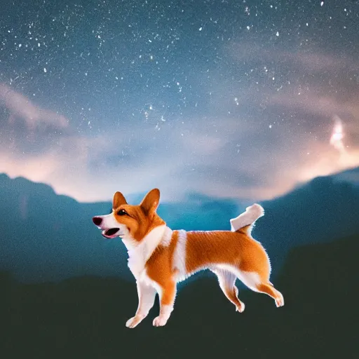 Image similar to corgi attaining [ angelic wings ]!!, [ flying like a superhero ]!! in the [ night sky ]!! where the stars are visibly perceptible, [ realistic photo ]!!, [ 4 k photorealism ]!!, trending on unsplash