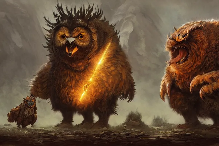 Prompt: An awesome painting of an intimidating large owlbear encounter, video game concept art by Jean Baptiste Monge, Brian Froud, Wizards of the Coast, Magic The Gathering, Blizzard, Games Workshop, Greg Rutkowski, Craig Mullins, WETA, Elder Scrolls.