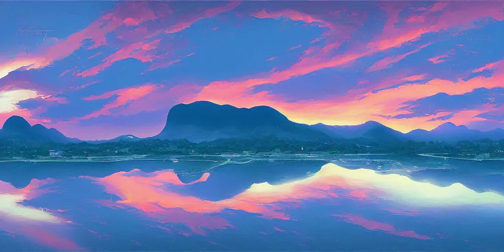 Image similar to iridescent painting of sunset over rio de janiero, panoramic, digital painting, by rhads and moebius