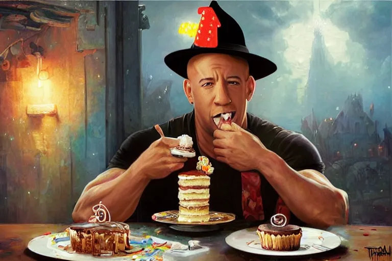 Prompt: portrait of vin diesel eating cake alone wearing a birthday hat, an oil painting by ross tran and thomas kincade