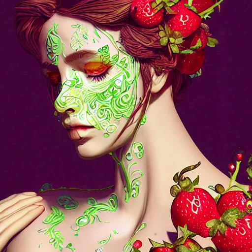 Prompt: the portrait of an absurdly beautiful, graceful, elegant, sophisticated woman made of strawberries and green petals, an ultrafine hyperdetailed illustration by irakli nadar, intricate linework, bright colors, octopath traveler, final fantasy, unreal engine 5 highly rendered, global illumination, radiant light, detailed and intricate environment