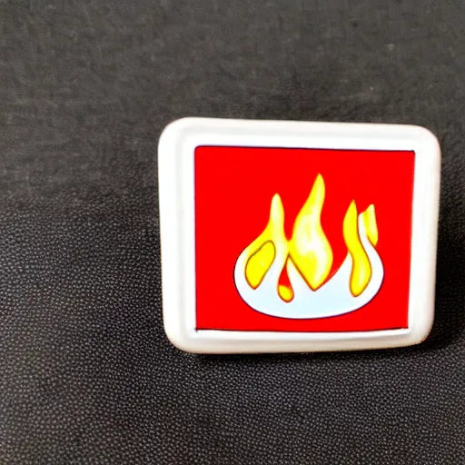 Image similar to a square enamel pin of a retro minimalistic 1 9 6 0 s fire flame warning label, smooth curves