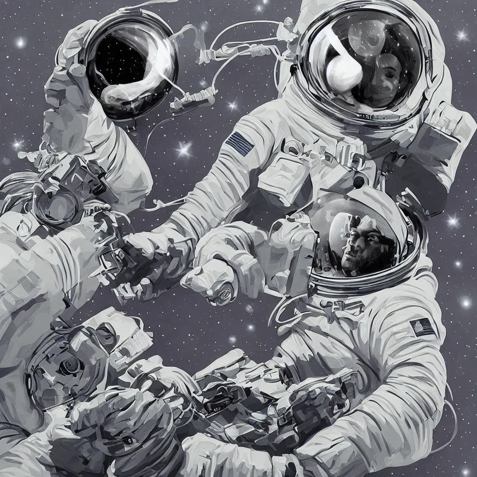 Prompt: an astronaut with headphone playing keyboard in the space, digital painting, digital art, illustrated by alex ross