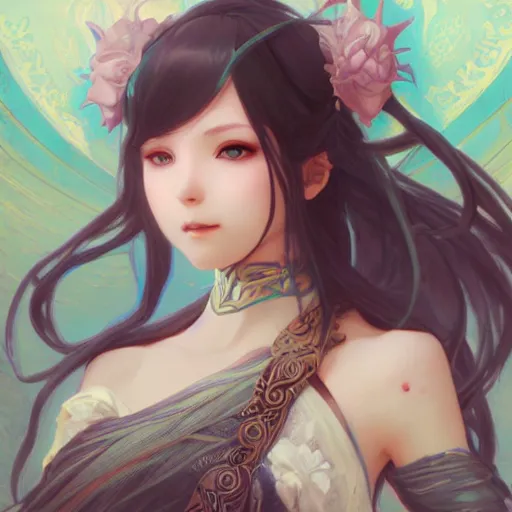 Image similar to portrait of hatsune miku, D&D, fantasy, intricate, elegant, highly detailed, digital painting, artstation, concept art, smooth, sharp focus, illustration, art by artgerm and greg rutkowski and alphonse mucha