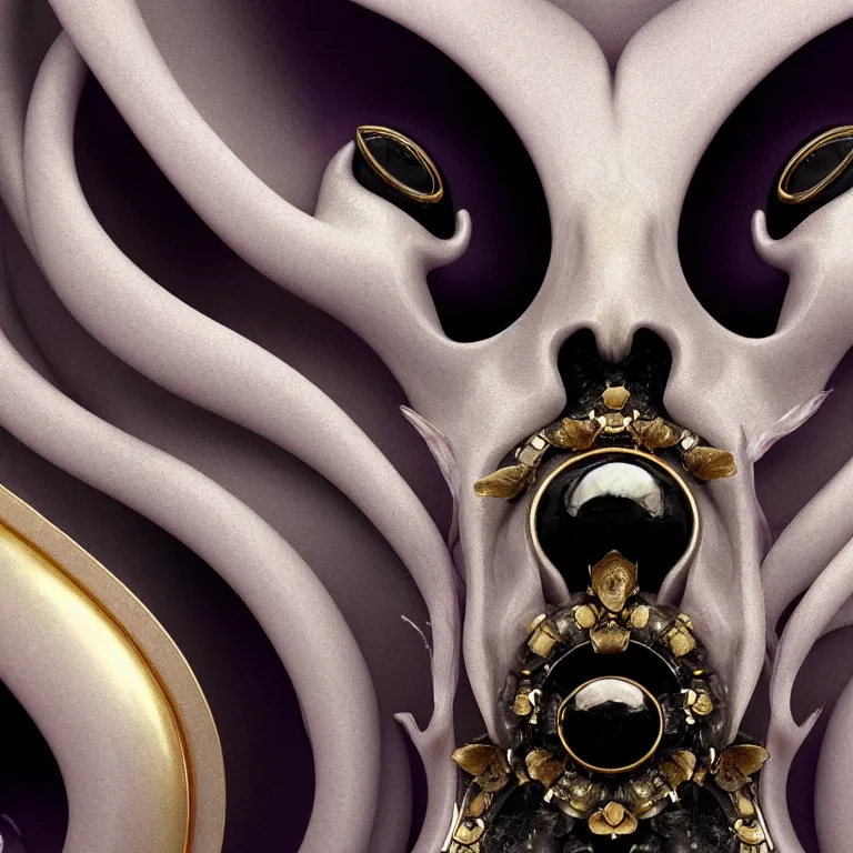 Image similar to goddess princess face close-up portrait ram skull. sculpture made of polished gold and matte obsidian. jellyfish phoenix head, nautilus, orchid, skull, betta fish, bioluminiscent creatures, intricate artwork by Tooth Wu and wlop and beeple. octane render, trending on artstation, greg rutkowski very coherent symmetrical artwork. cinematic, hyper realism, high detail, octane render, 8k