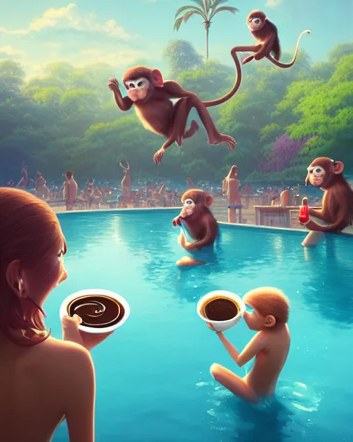 Image similar to highly detailed surreal vfx portrait of cartoon monkeys drinking coffee at a pool party, stephen bliss, unreal engine, greg rutkowski, loish, rhads, beeple, makoto shinkai and lois van baarle, ilya kuvshinov, rossdraws, tom bagshaw, global illumination, detailed and intricate environment