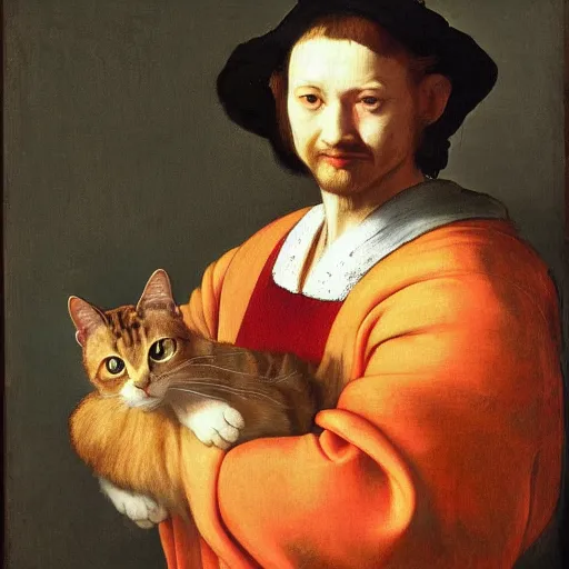 Prompt: a portrait painting, a male cat, an orange tabby cat, a cat in male aristocratic robes, a cat in red and golden robes, a cat with green eyes, a cat smiling, a cat holding flowers, a humanoid cat, a meadow background, Rembrandt, Caravaggio, Artemisia Gentileschi, Johannes Vermeer, Peter Paul Rubens, Caspar David Friedrich, Gustave Courbet, Antonio Canova, William-Adolphe Bouguereau, Antoine-Jean Gr