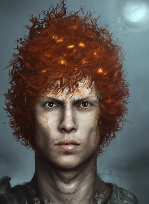 Prompt: darkwave portrait of curly orange hair man from dark souls 3, au naturel, hyper detailed, digital art, trending in artstation, cinematic lighting, studio quality, smooth render, unreal engine 5 rendered, octane rendered, art style by klimt and nixeu and ian sprigger and wlop and krenz cushart.