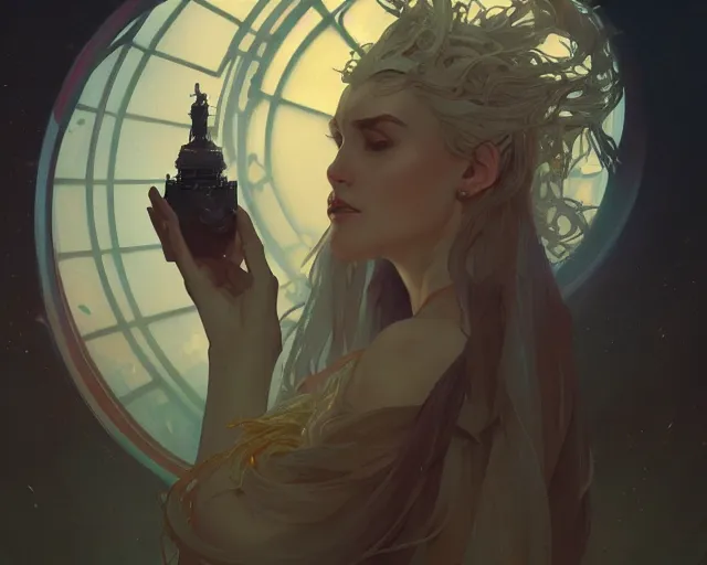 Image similar to Lady of the Entropy, a discord Patron in the vast of a digital realm, digital art, full body illustration, artstation, concept art, smooth, sharp focus, illustration, art by and greg rutkowski and alphonse mucha, HD, illustration trending on artstation