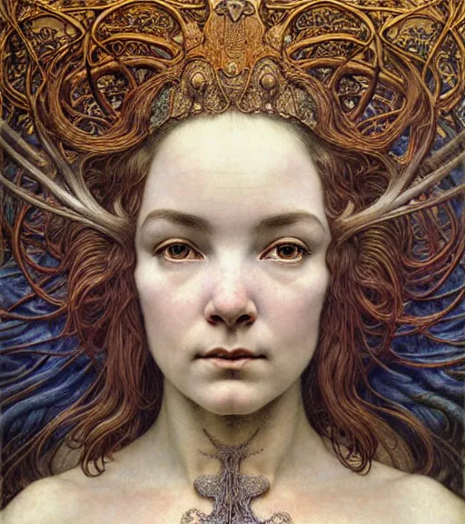 Image similar to detailed realistic beautiful young medieval bjork face portrait by jean delville, gustave dore and marco mazzoni, art nouveau, symbolist, visionary, gothic, pre - raphaelite. horizontal symmetry by zdzisław beksinski, iris van herpen, raymond swanland and alphonse mucha. highly detailed, hyper - real, beautiful