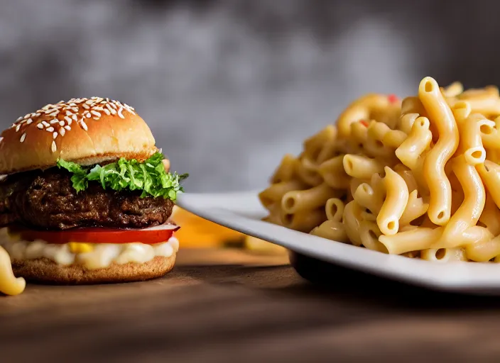 Prompt: dslr food photograph of hamburger over a bed of macaroni and cheese, thanos themed 8 5 mm f 1. 8