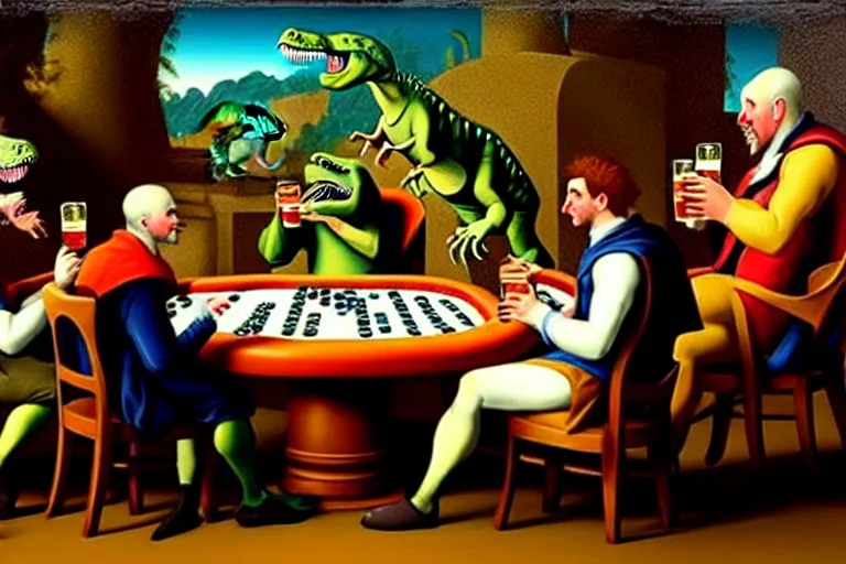 Prompt: dinosaurs playing poker while drinking beer, in the style of a neoclassic painting.