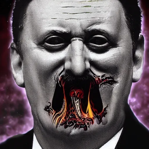 Prompt: igor ivanovich strelkov became an aggressive lovecraftian degenerate hellfire demon calling for total mobilization, photo - realistic, color image, 2 k, highly detailed, bodyhorror, occult art