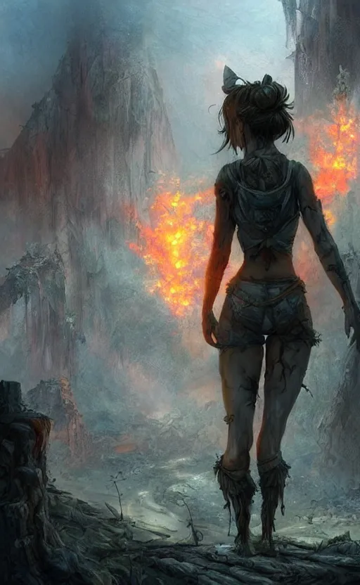 Image similar to a fairy looking at a post - apocalyptic landscape, from behind, cinematic lighting, ruined, flames, very detailed, intricate, digital painting by greg rutkowsky and artgerm, artstation, concept art