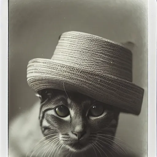 Prompt: A portrait of a cat wearing a well placed vietnamese straw hat, award winning photo, polaroid, color photo