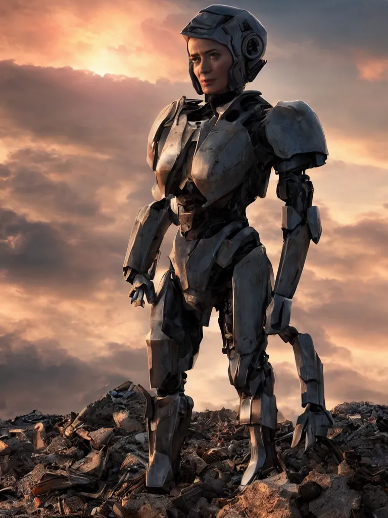 Image similar to emily blunt in futuristic power armor, close up portrait, solitary figure standing atop a pile of rubble, sunset and big clouds behind her