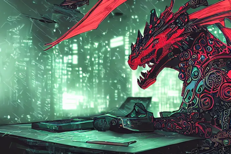 Image similar to a video call from a dragon with a highly detailed face. cyberpunk color scheme and theme.